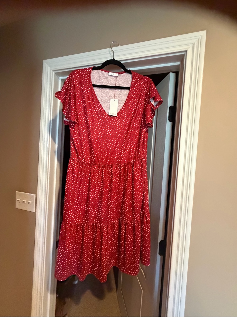HOTOUCH A-line Tiered Vneck red polka dot swing dress Sz XL